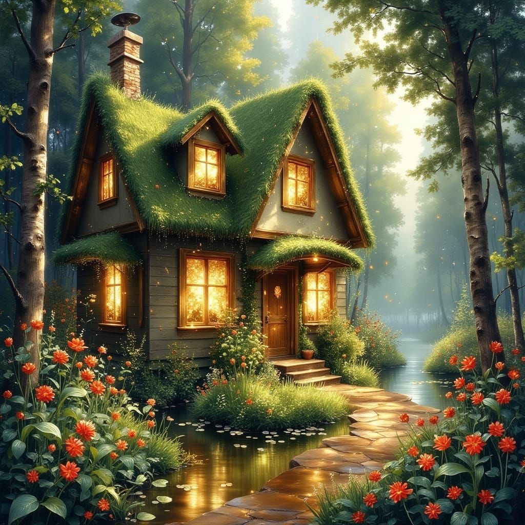 Magical Cottage in Forest, Dreamy Watercolour Painting