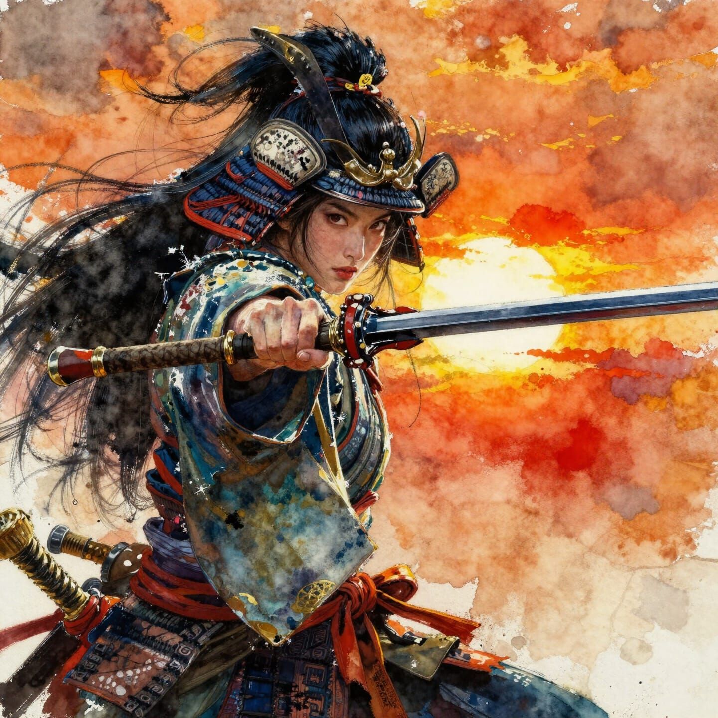 Female Samurai Warrior in Dramatic Sunset Watercolor