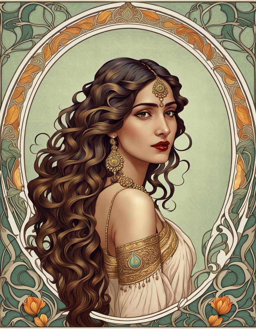 Elegant Art Nouveau Indian Woman Portrait