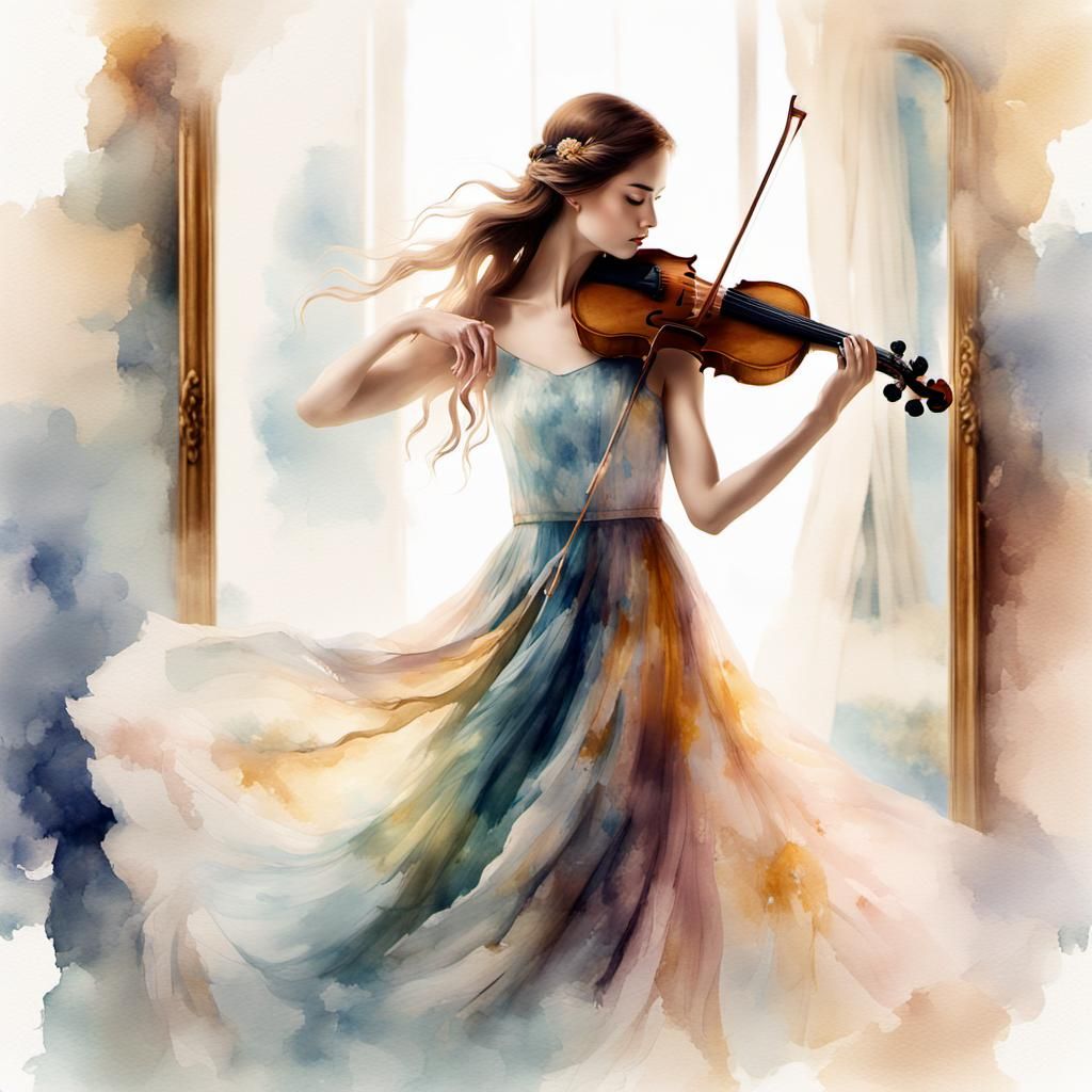 Dreamy Dancer with Violin in Watercolor Style