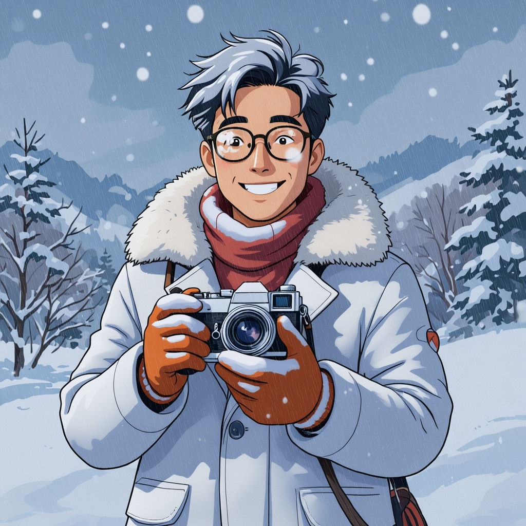 Smiling Asian Man with Camera in Ghibli Style