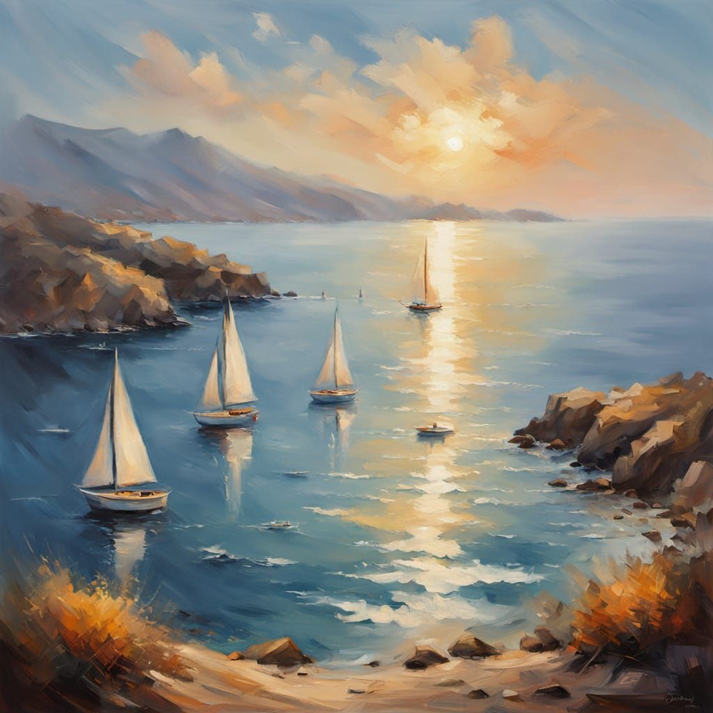 Surreal Greek Seaside Scene in Warm Impressionist Style