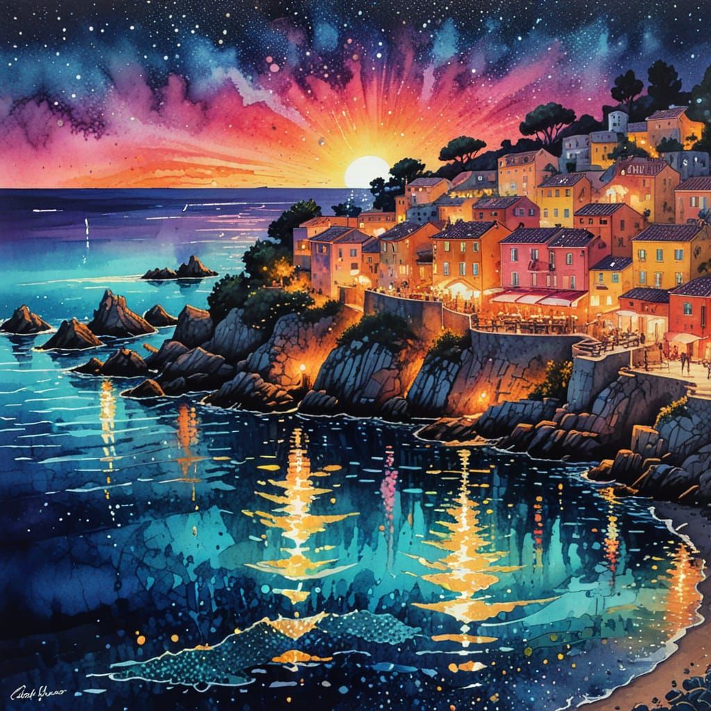 Mediterranean Summer Nights in Pointillism Style