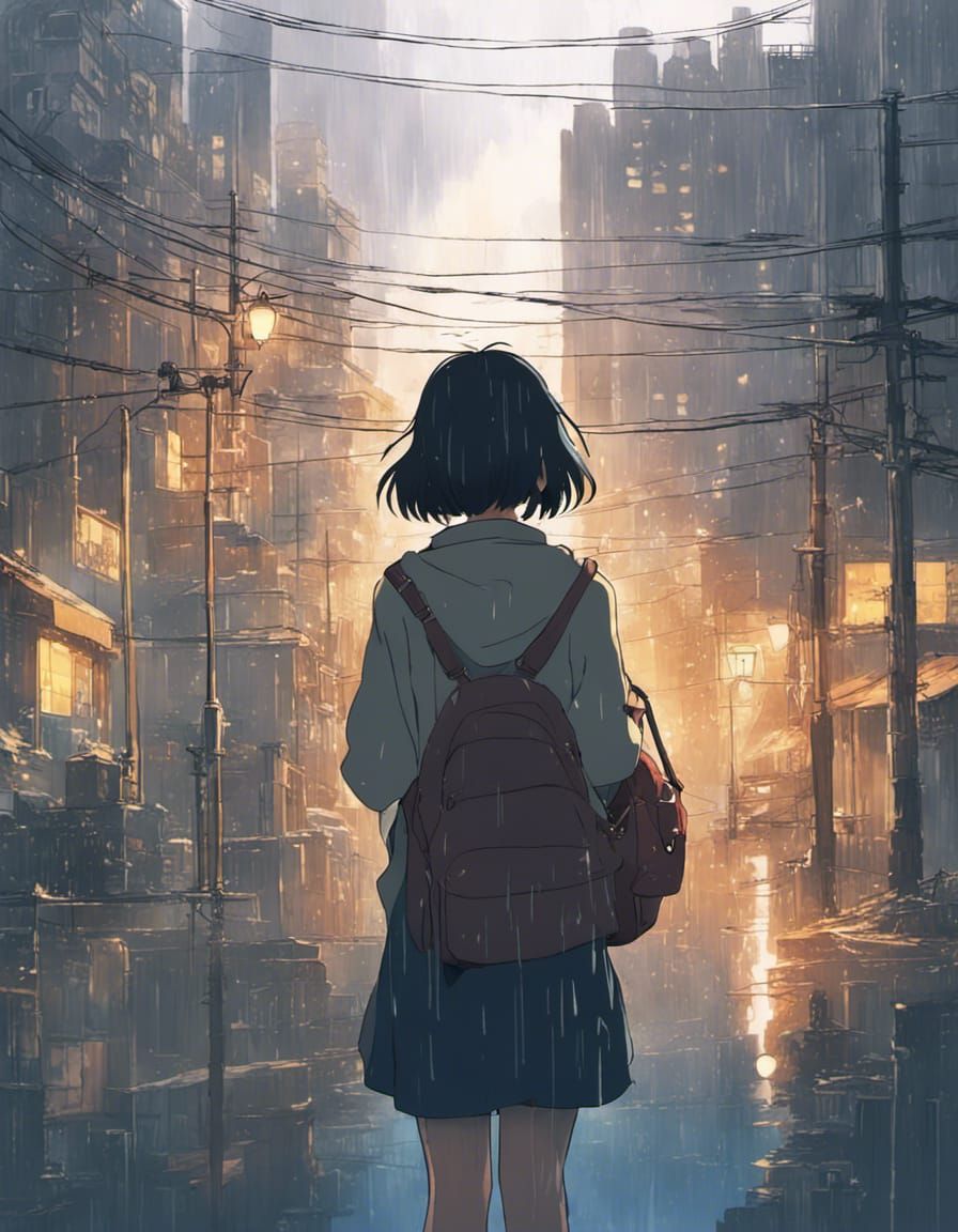 Girl Crying in Rainy Anime Scene