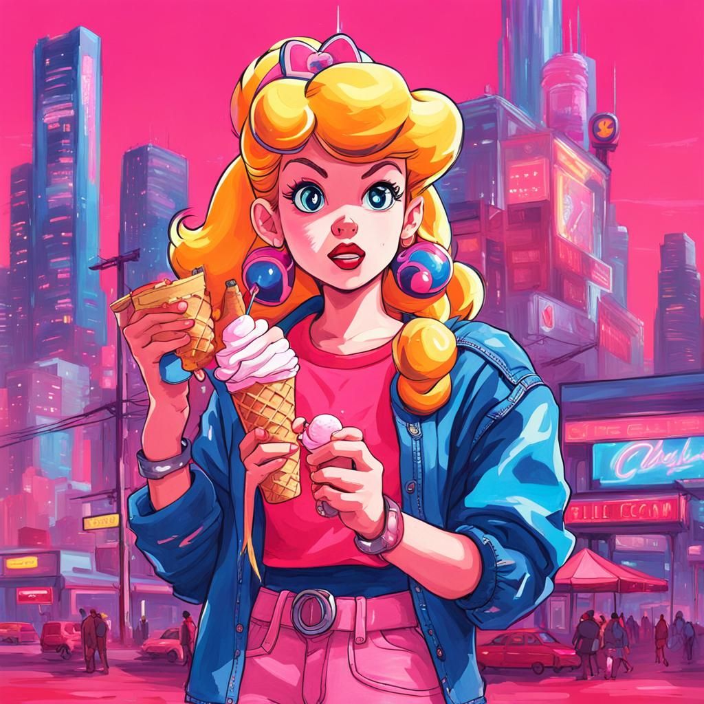 Princess Peach in Cyberpunk City, Gouache Art