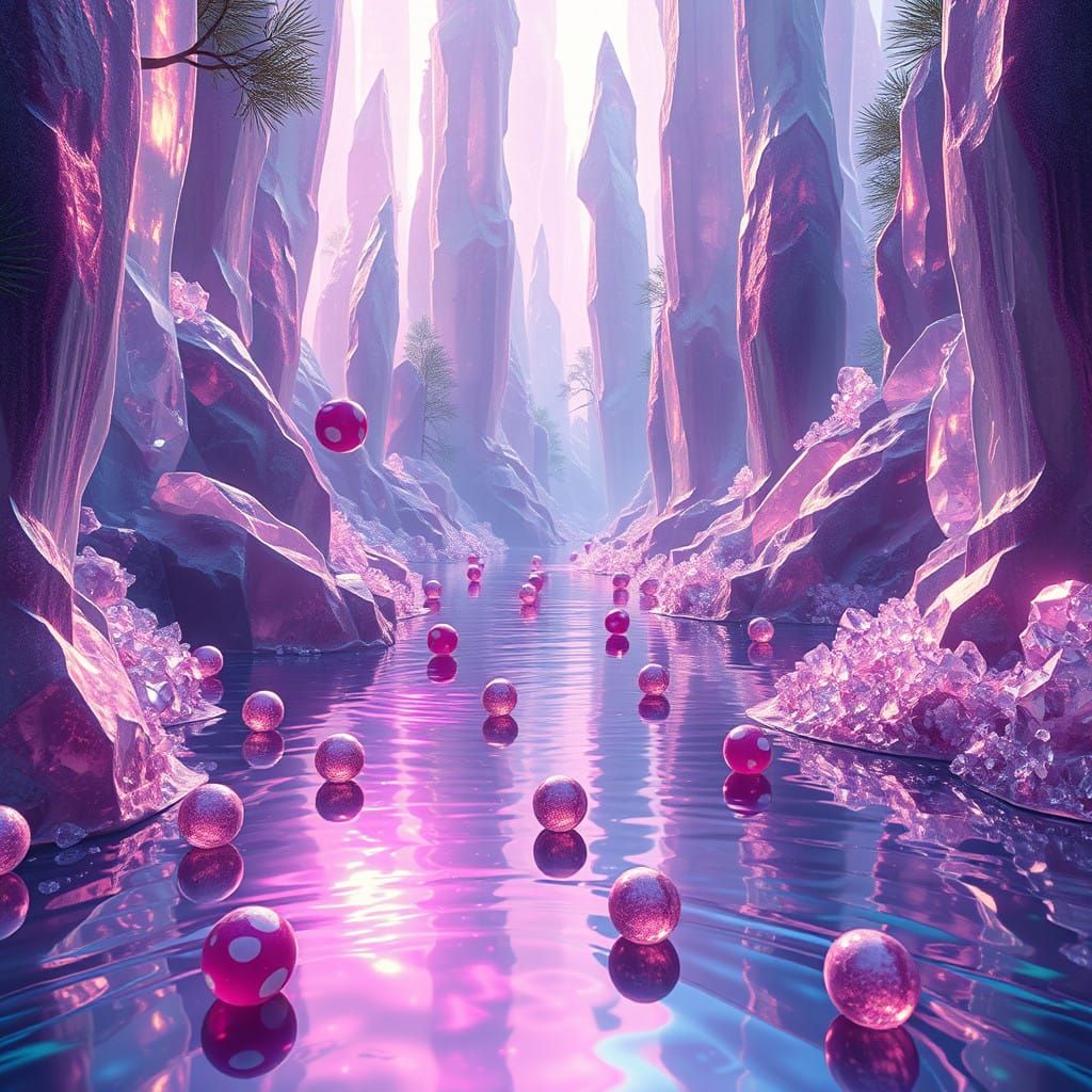 Iridescent River in Crystal Forest: A Dreamlike Land of Swee...