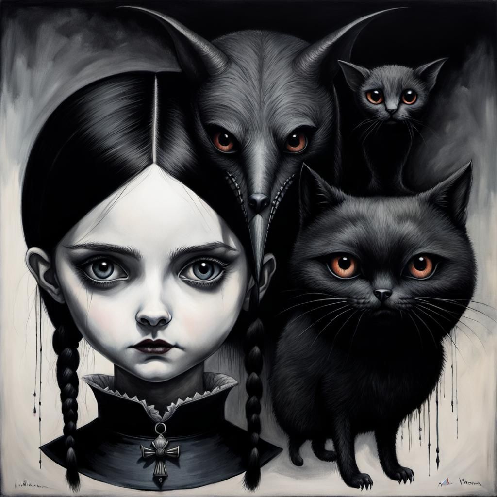 Wednesday Addams with Shadow Monster in Dark Surrealism