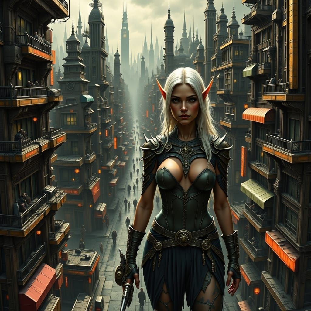 Dystopian Elf in Cyberpunk Cityscape