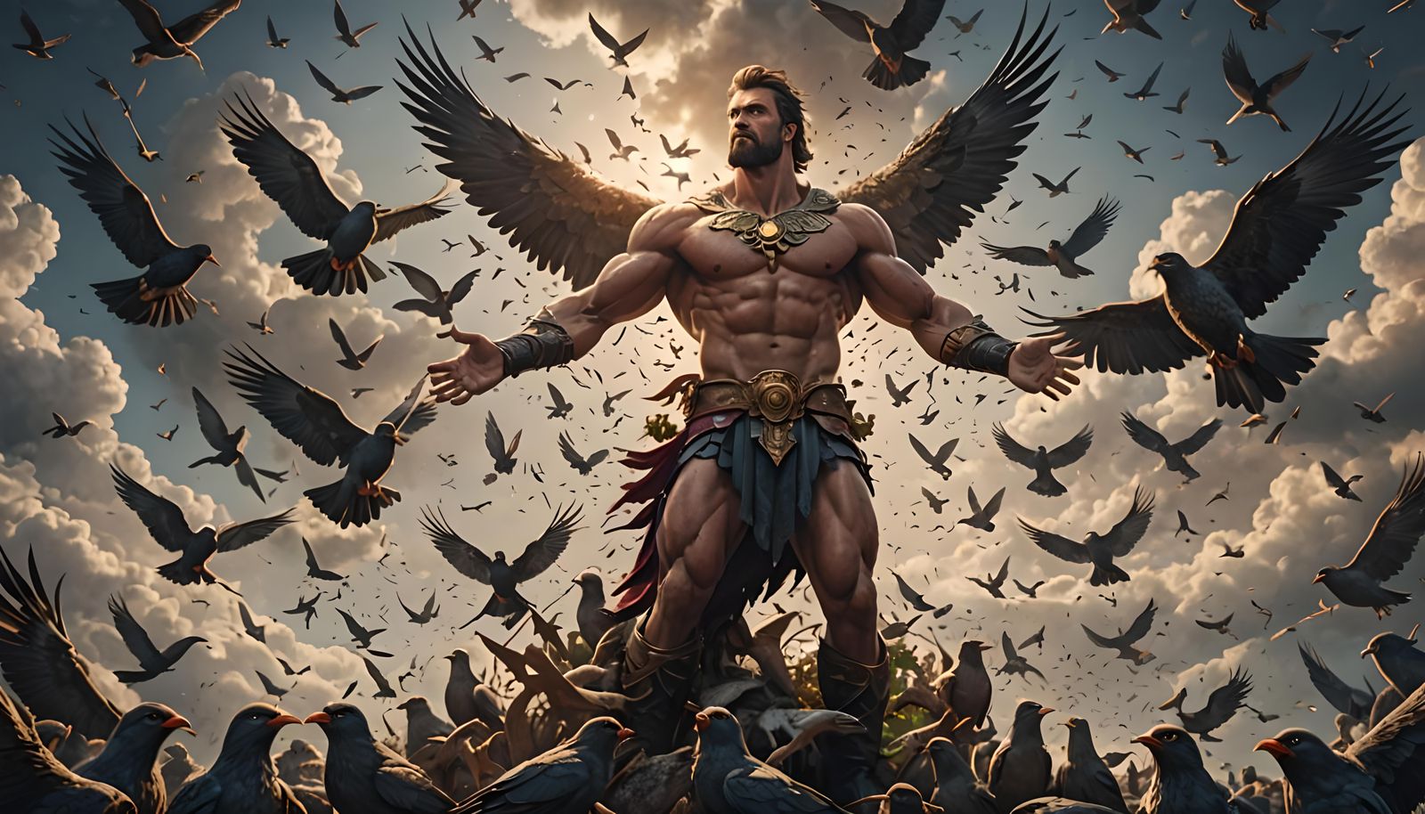 Epic God Surrounded by Birds in Dramatic Sky