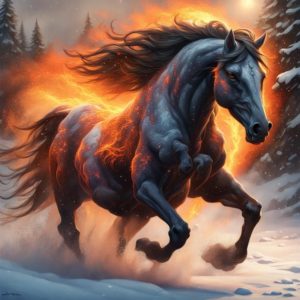Fiery Horse Runs in Snowy Landscape