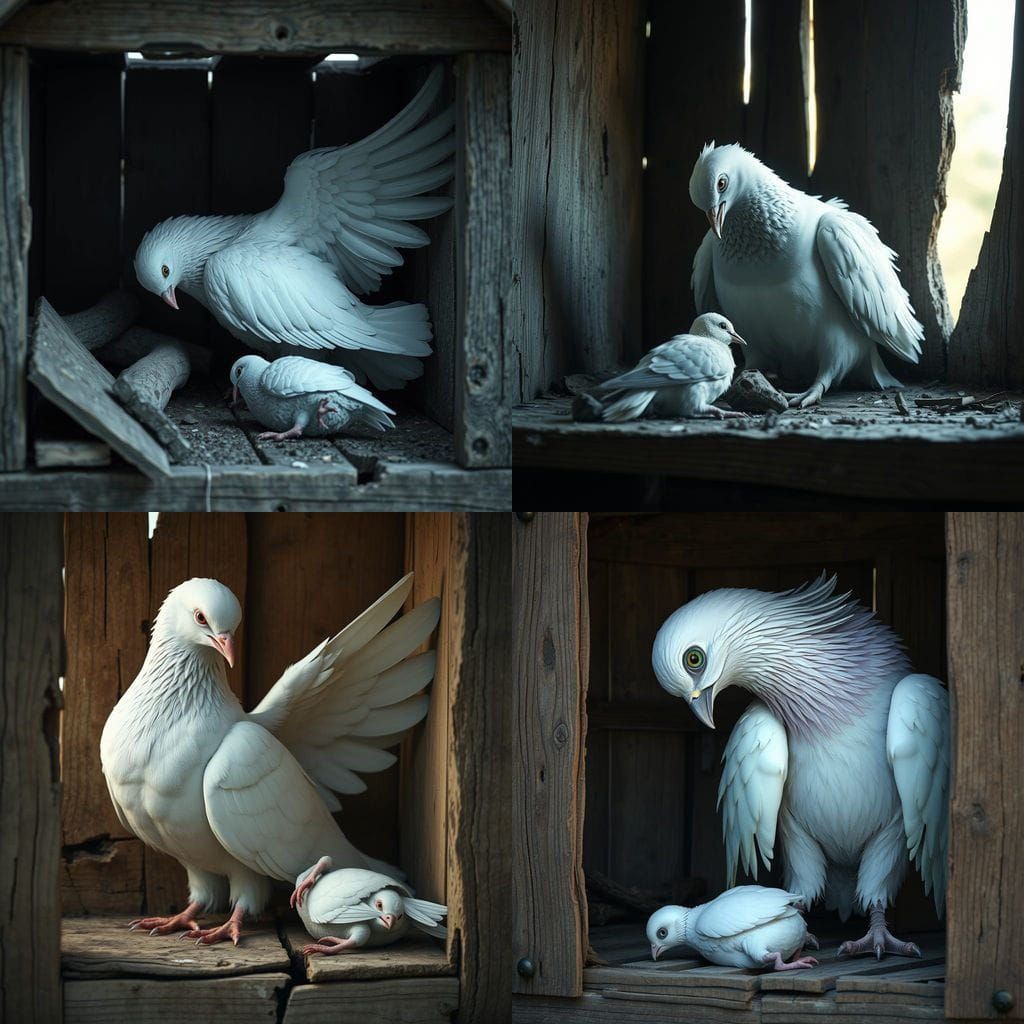 Grieving Pigeon in Broken Shelter: Ultra-Realistic 3D Render