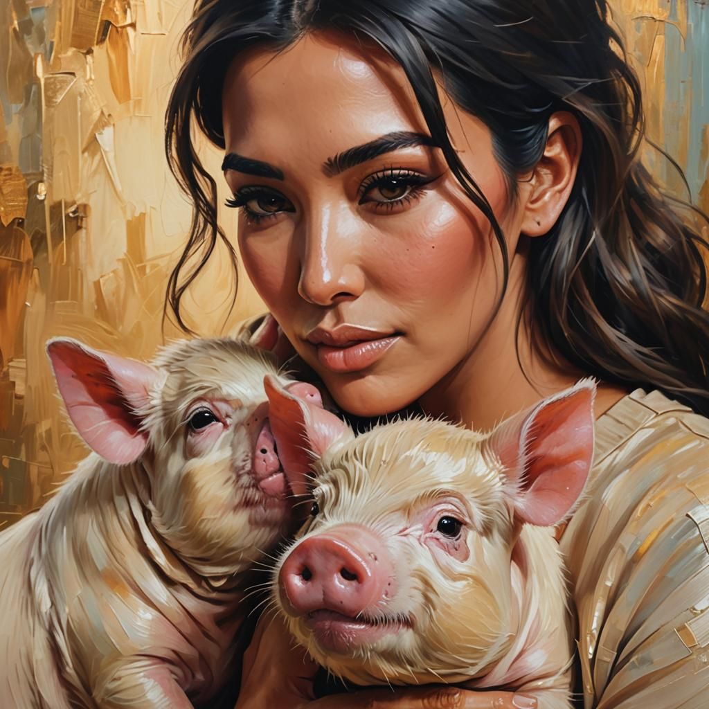 Kim Kardashian Hugging a Pig in Oil Painting Style