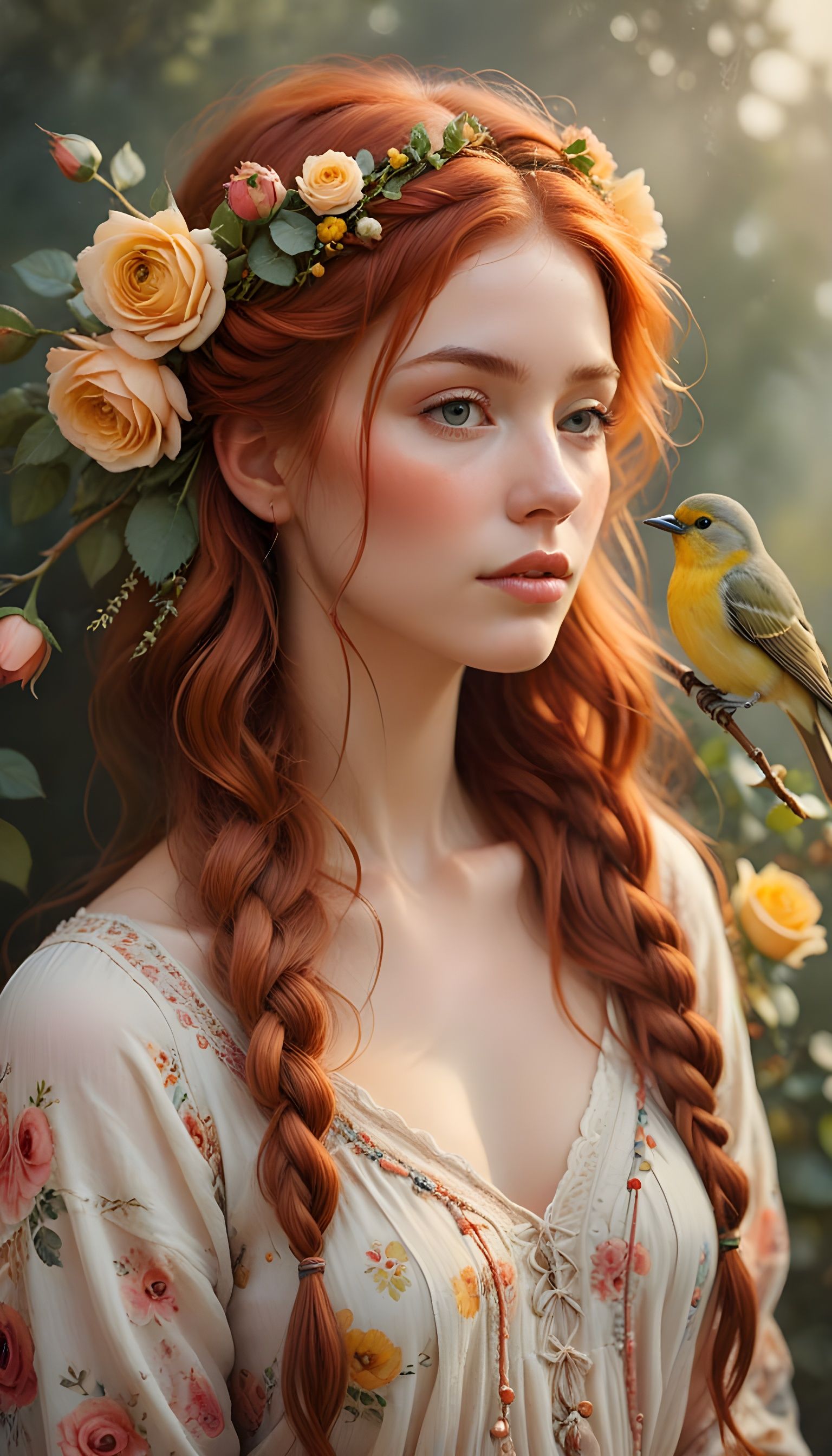 Rousse Beauty in Whimsical Green Gown with Floral Details