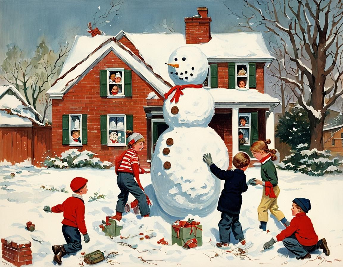 Nostalgic Children Build Snowman in Rockwell Style