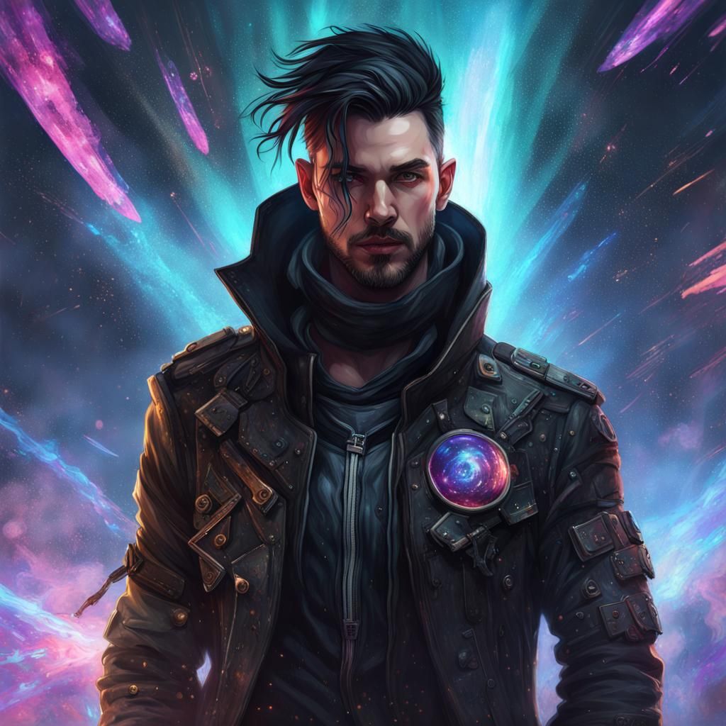 Cyberpunk Assassin Portrait with Exploding Stars
