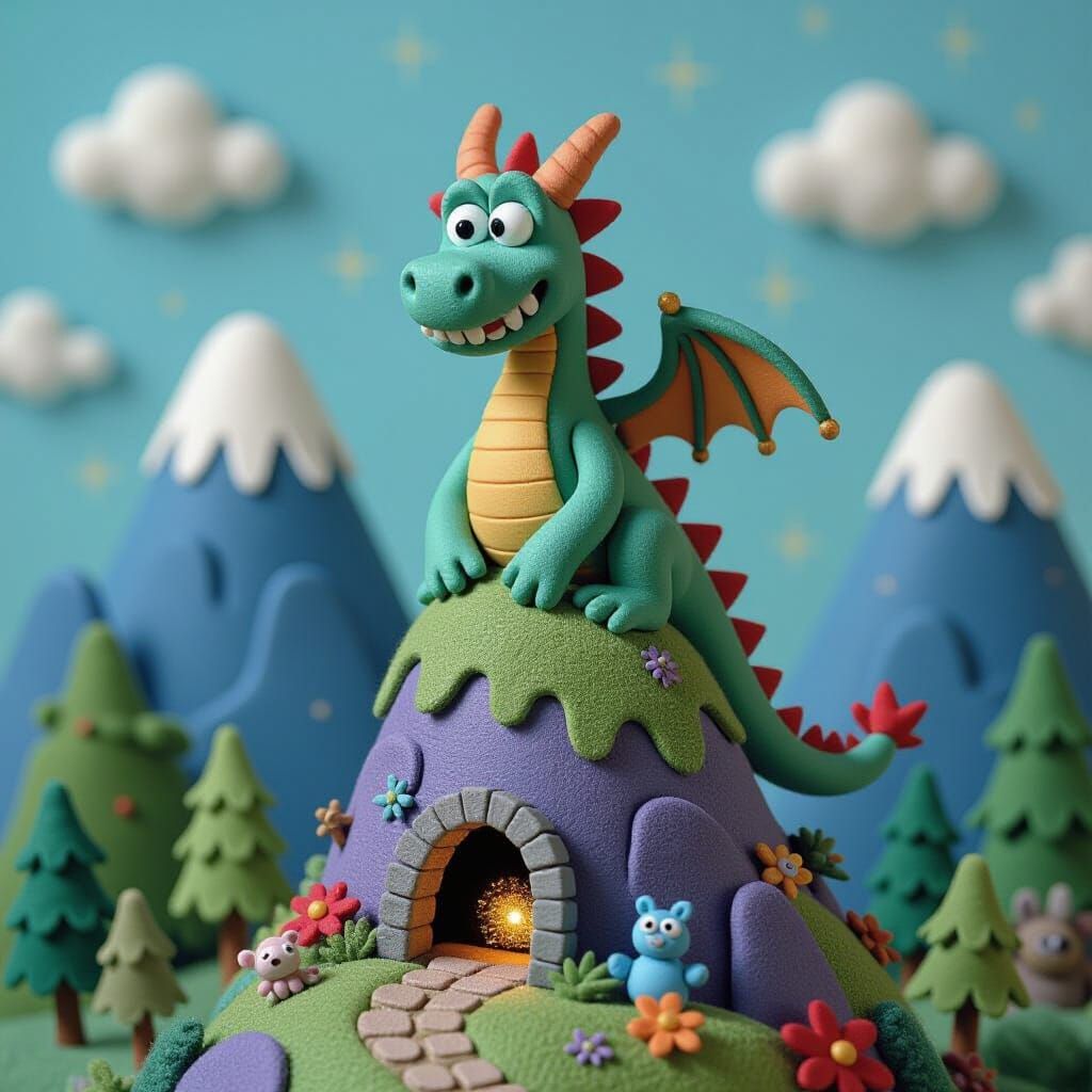 Whimsical Claymation Dragon on Felt Mountain