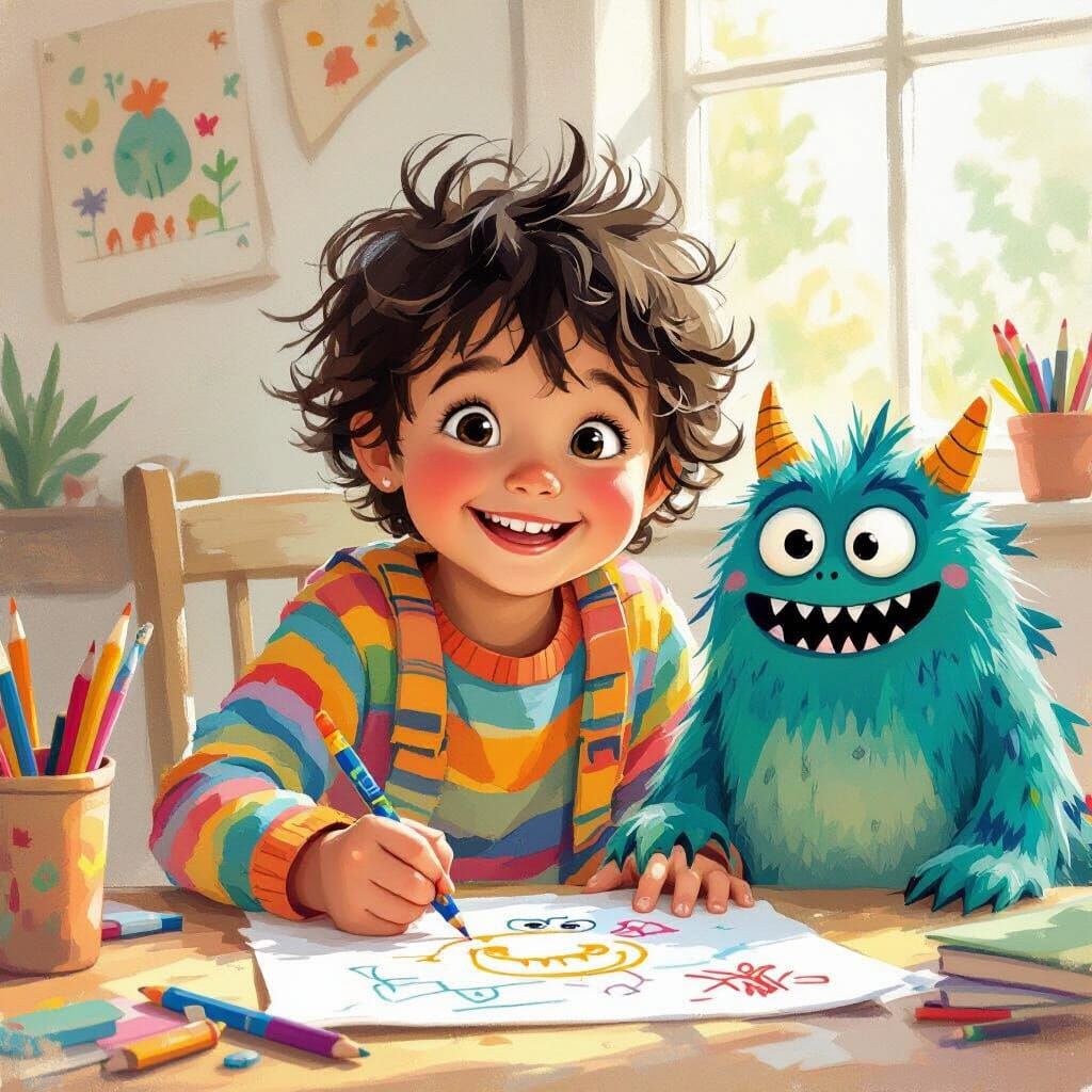 Child's Joyful Monster Art, Children's Book Illustration