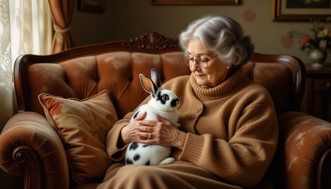 Elderly Woman Cradles Rabbit in Warm Living Room