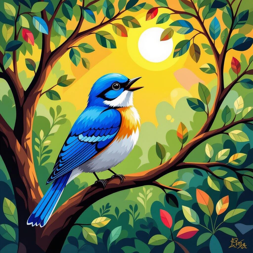 Blue Bird Song in Lush Tree, Naive Art Style
