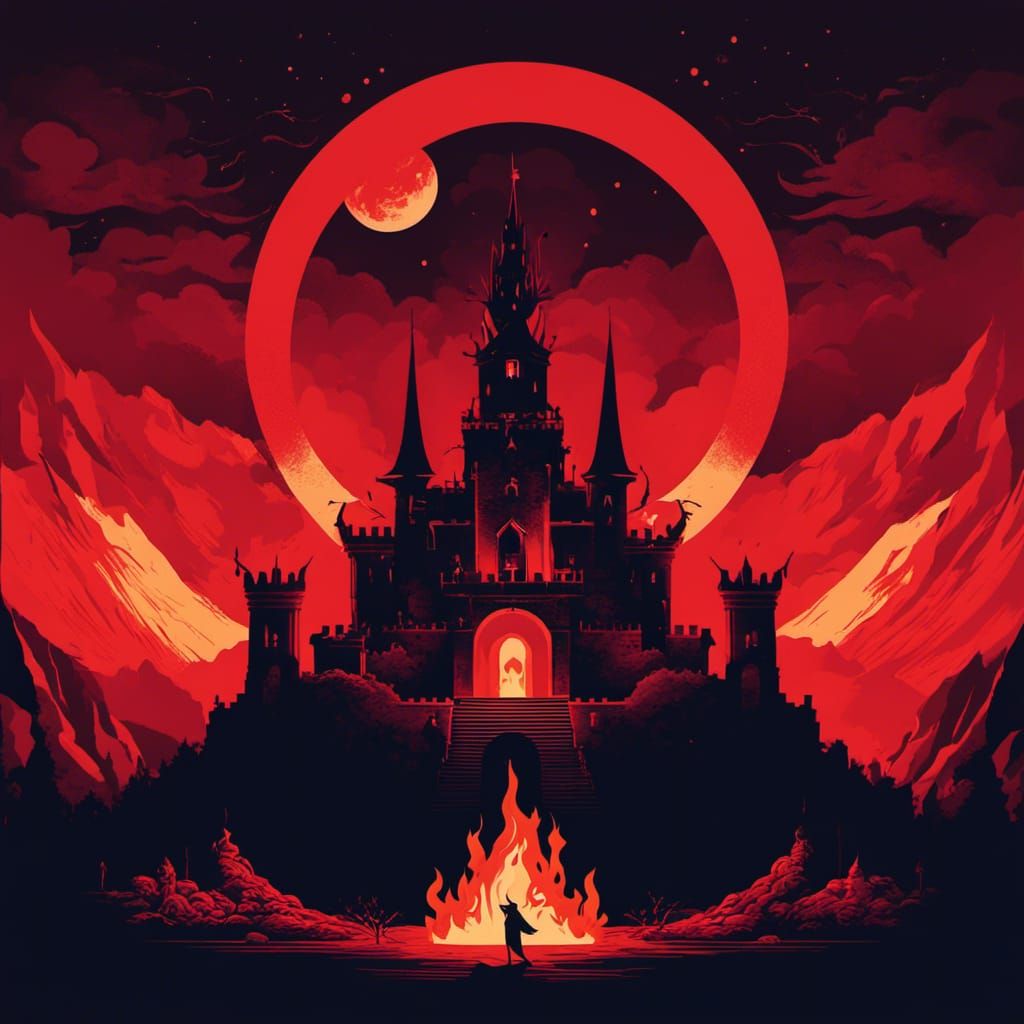 Minimalist Fire Witch Burns Castle Under Blood Moon