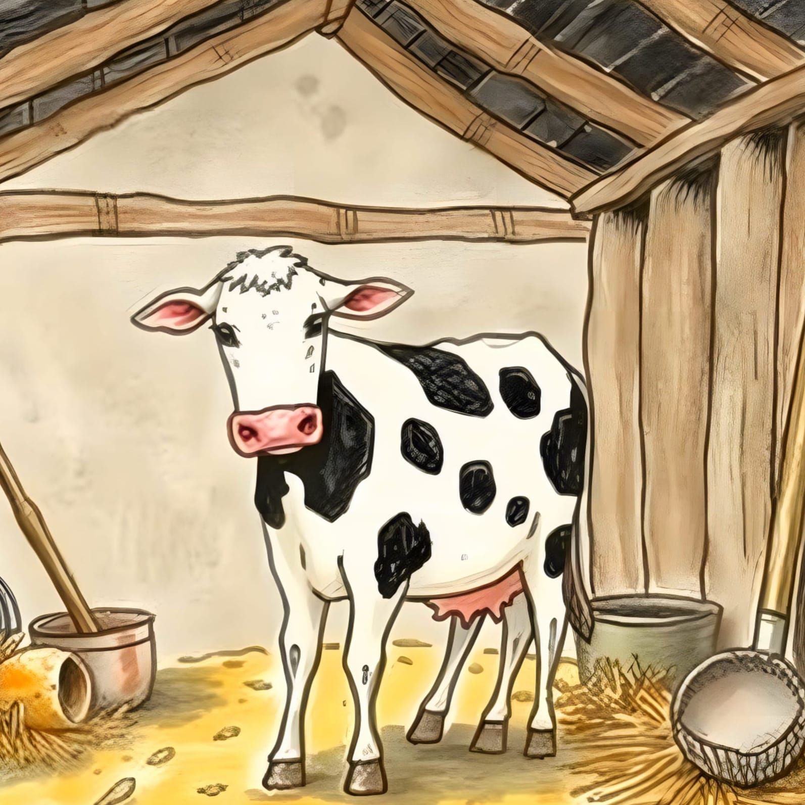 Rustic Farm Scene in Watercolor-Inspired Illustration