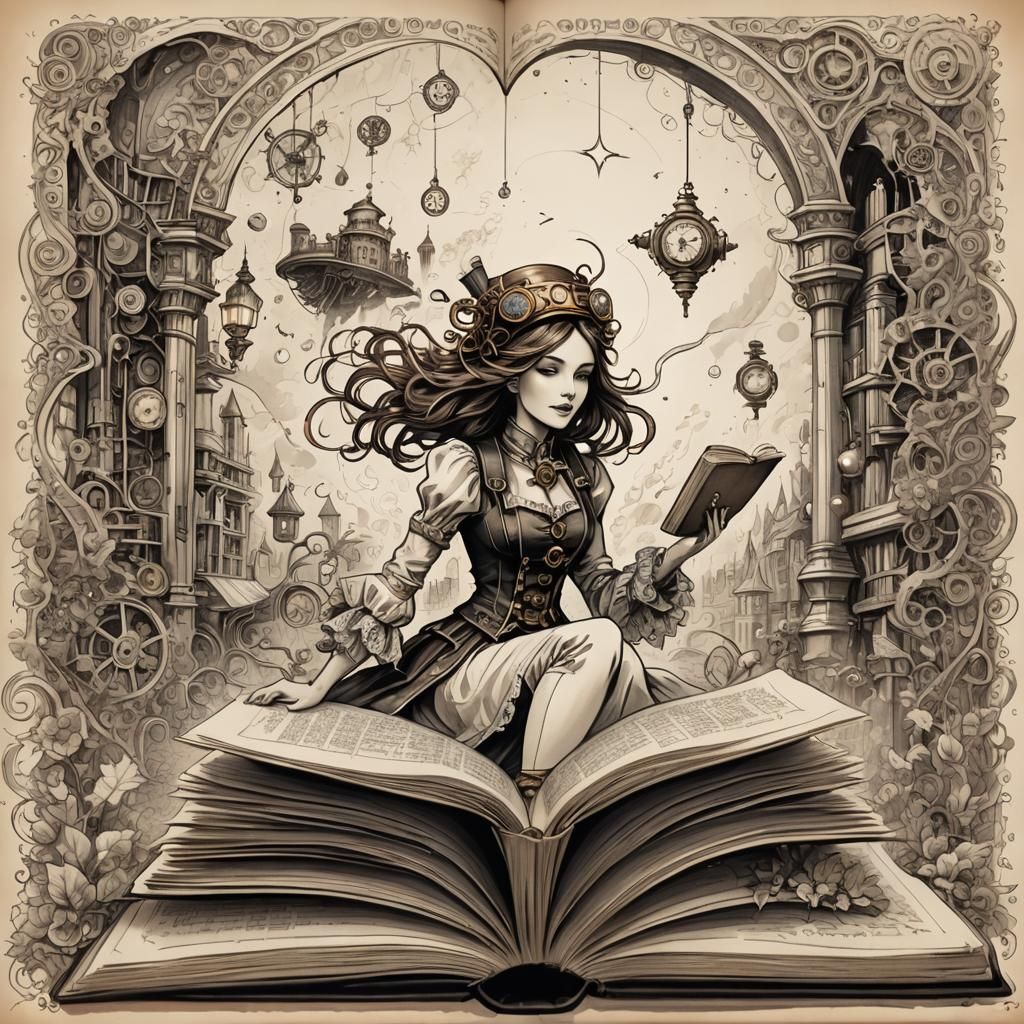 Steampunk Dreams Emerge from Open Book Doodle