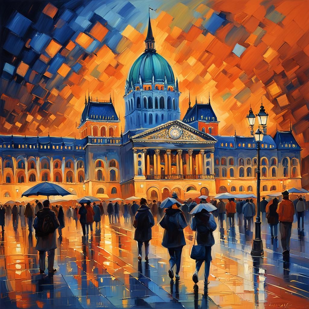 Budapest Parliament at Night in Neo-Impressionist Style