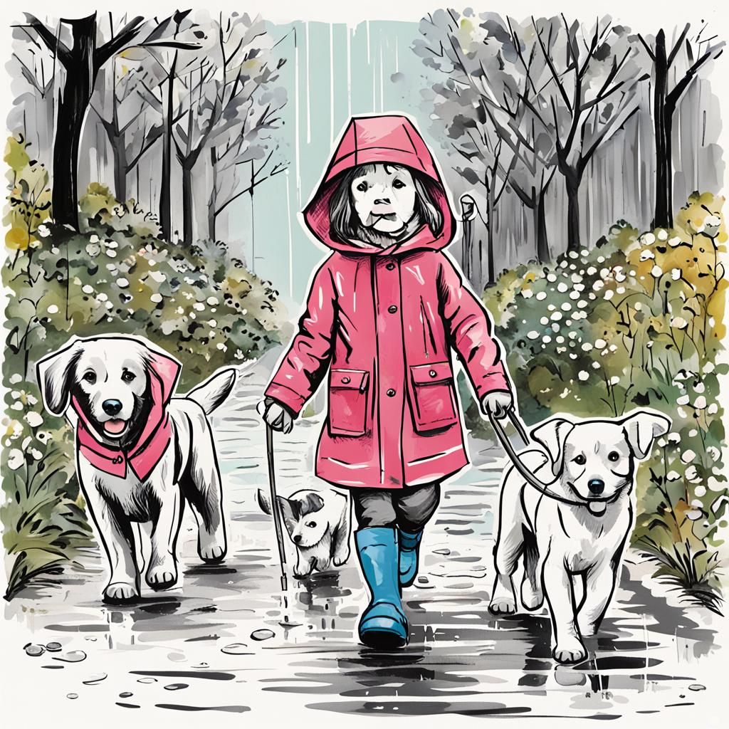 Girl Walks Dogs in Raincoats and Boots