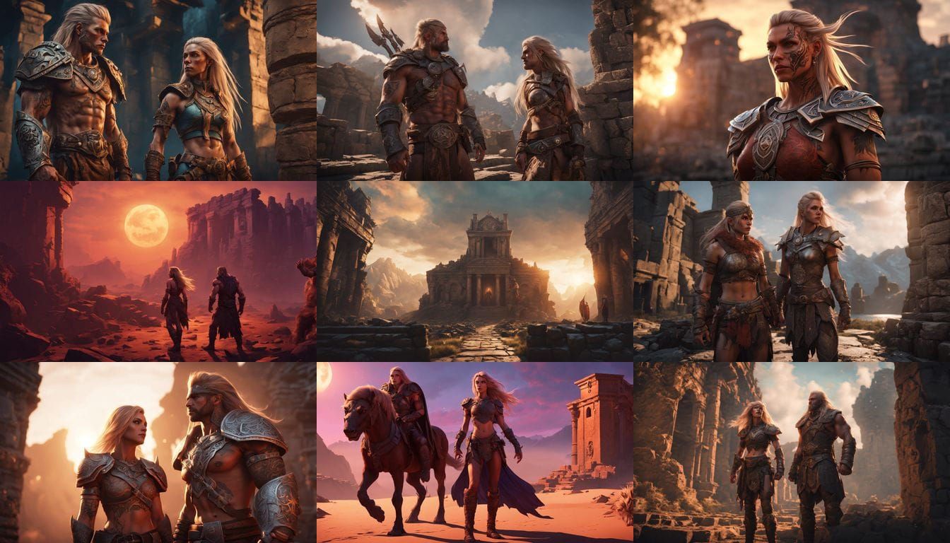 Majestic Barbarian Warrior in Ancient Ruins at Sunset