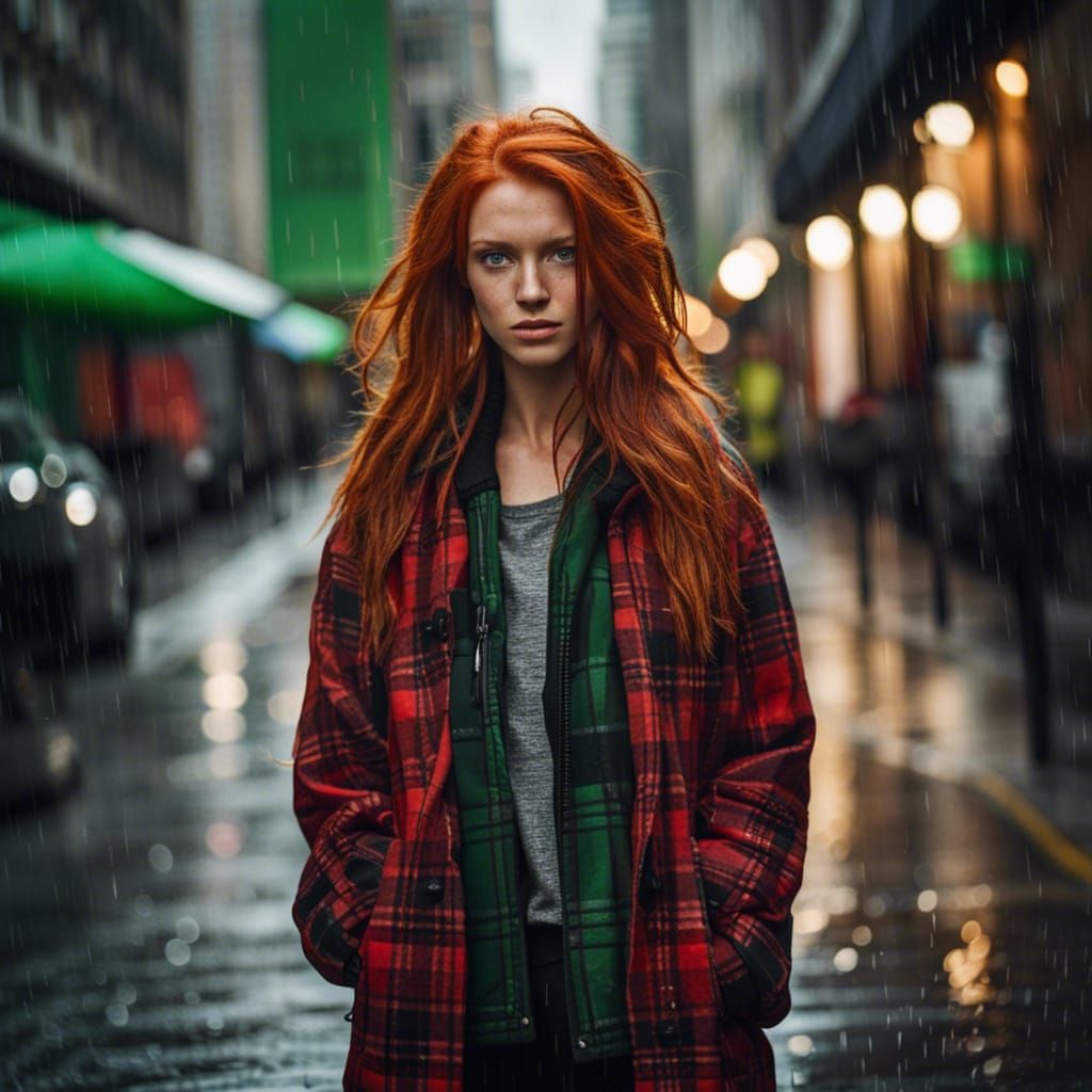 Ginger Haired Woman in Rainy City, Graffiti Art
