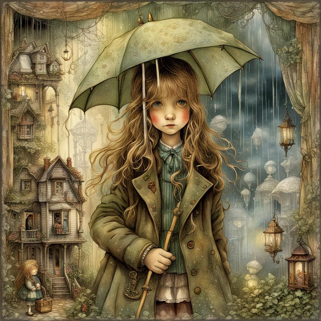 Melancholic Girl in Rainy Collage Art Style