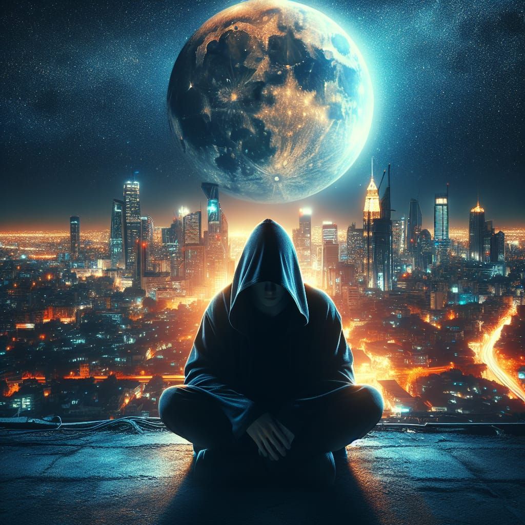 In the backdrop of the luminous full moon, a figure is seated on the floor, enveloped in a dark hoodie against the majes...