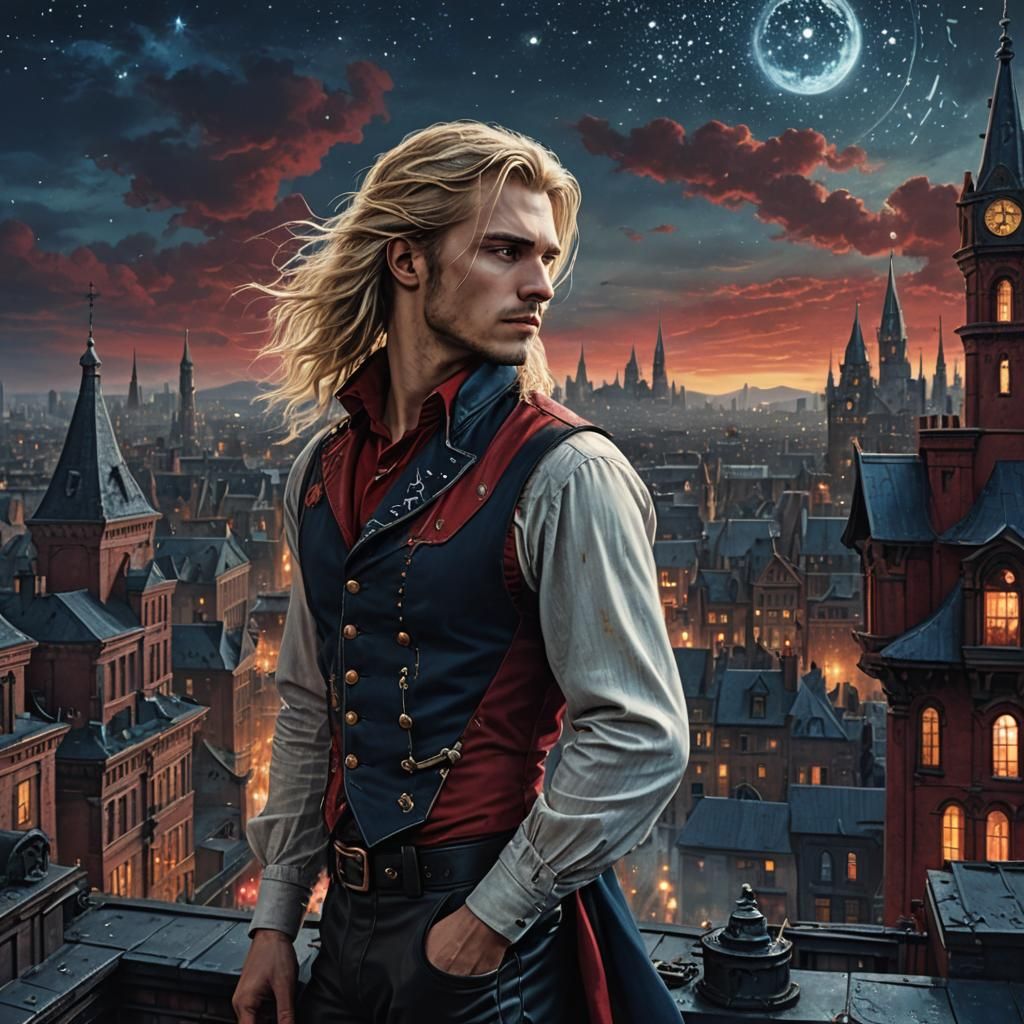 Victorian Prince Contemplates Cityscape Under Starry Sky