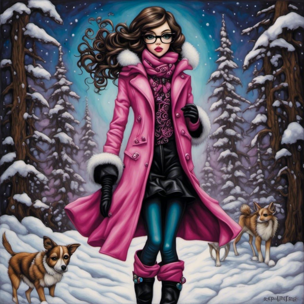 Woman in Pink Coat Walking in Snow