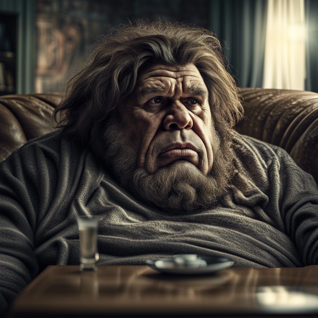Hyperrealistic Neanderthal Watching TV in High Definition