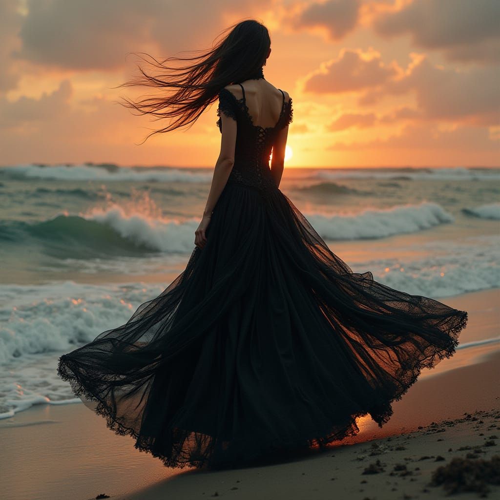 Gothic Woman Gazing at Sunset Sea