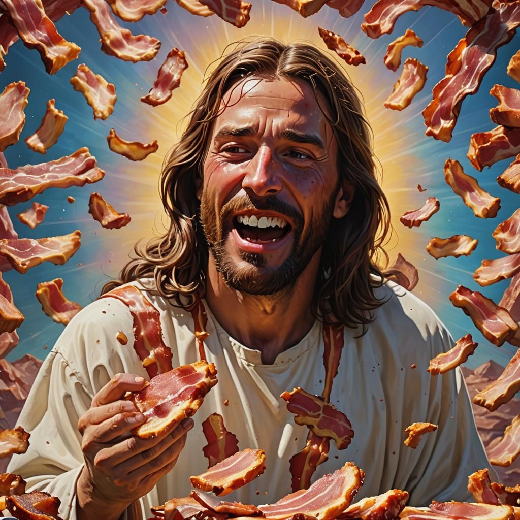 Jesus Christ's Joyful Bacon Feast: Hyperrealistic Art