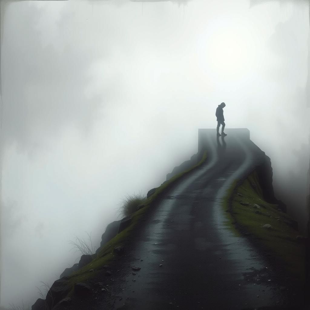 Mysterious Figure at Path's Edge in Dreamlike Fog