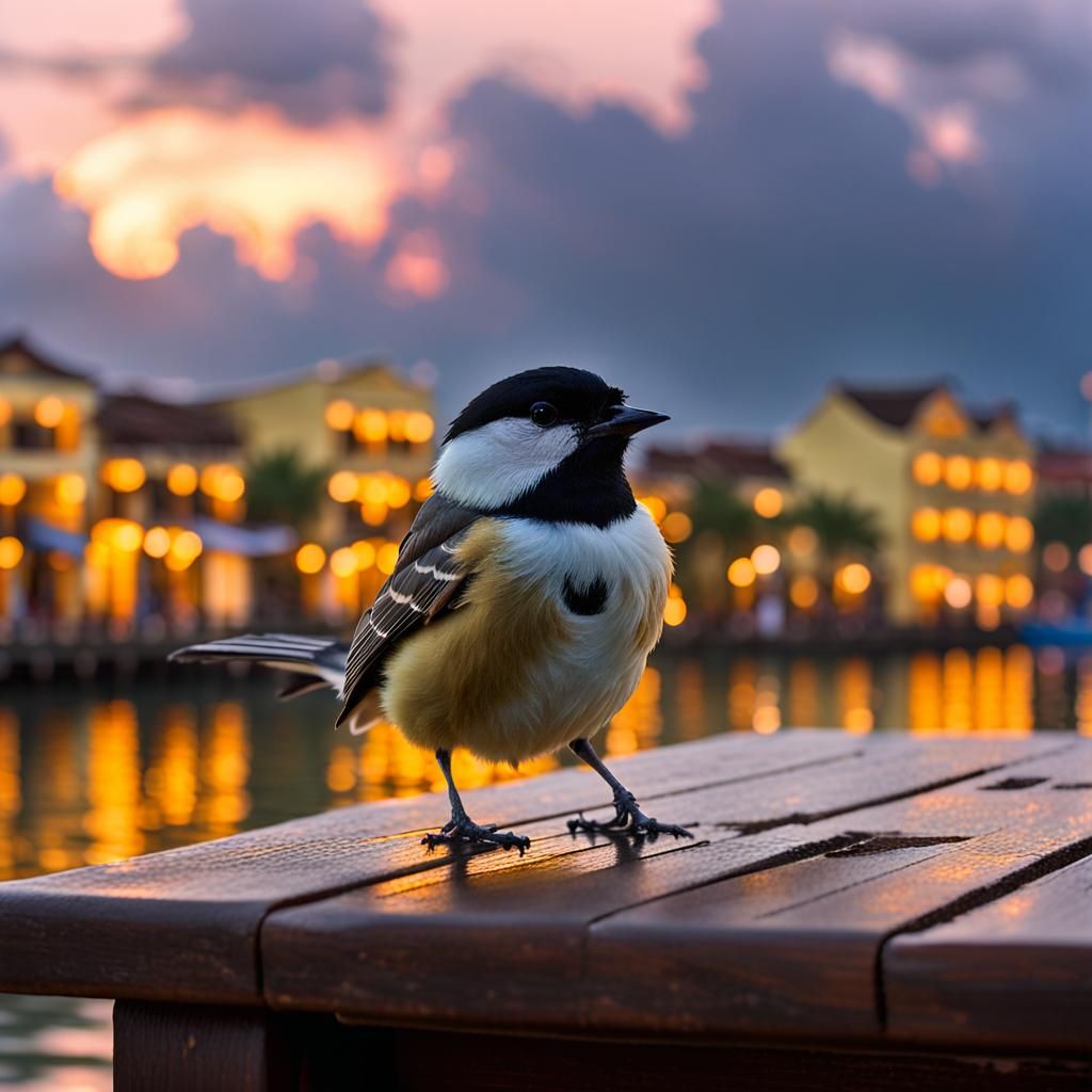 Chickadee Perched at Sunset: Hoi An, Photorealistic