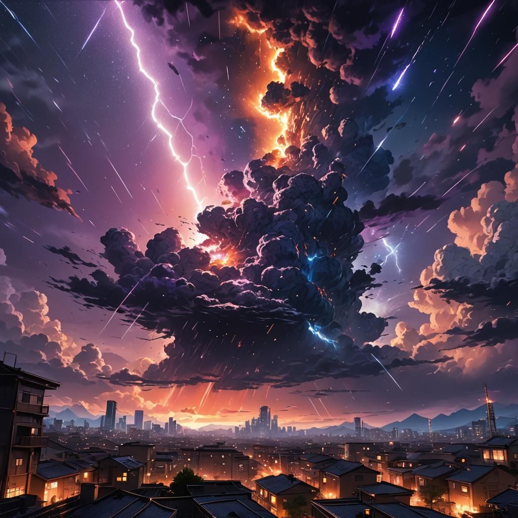 Dynamic Anime Meteor Shower in Vibrant Colors