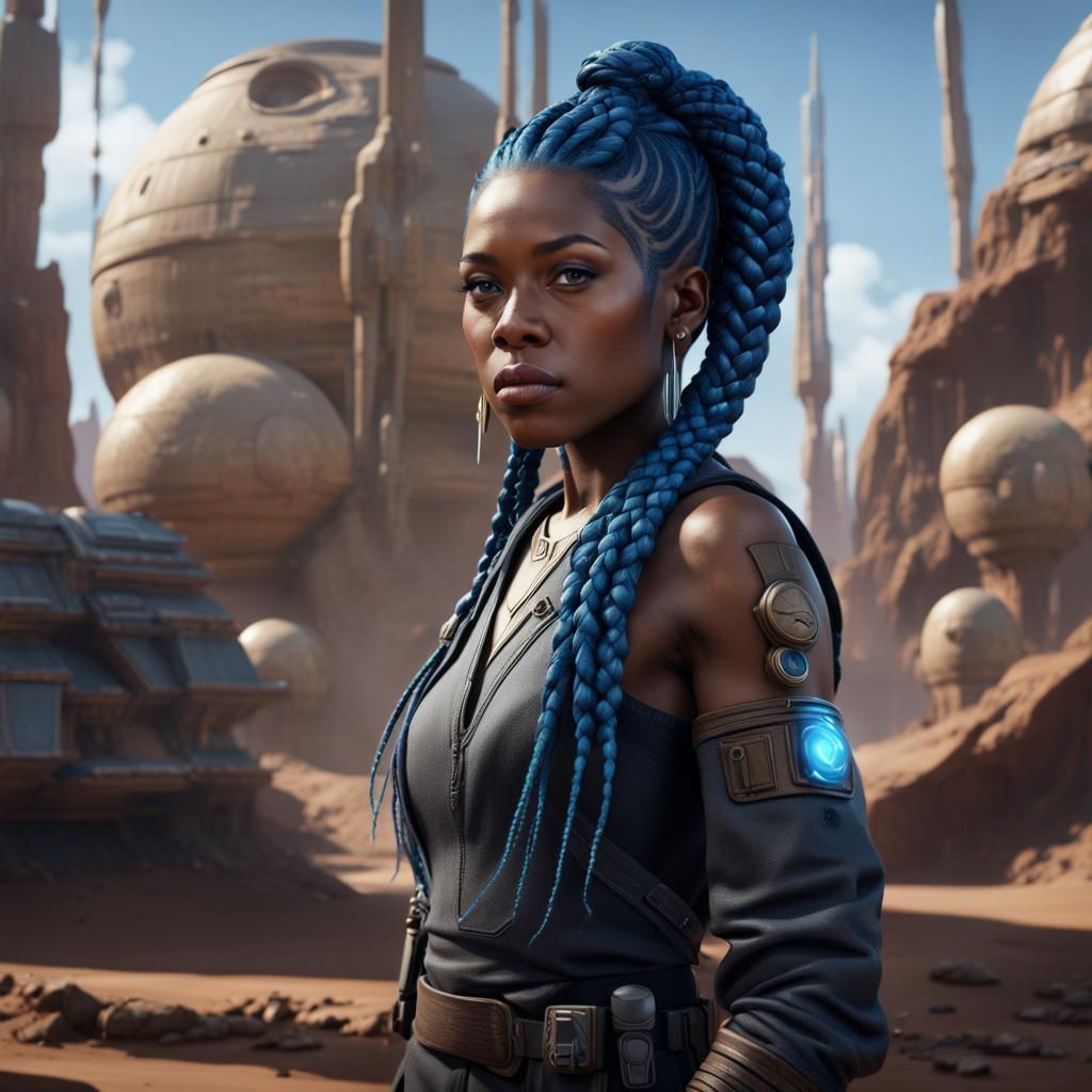 Black Woman with Blue Braids in Star Wars Scene