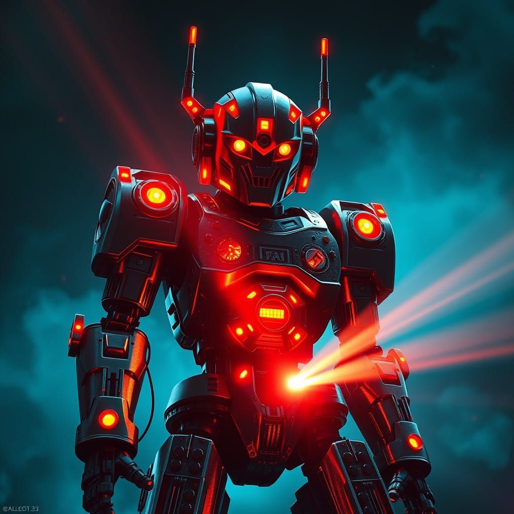 Cyberpunk Robotron Movie Poster with Intricate Details and D...