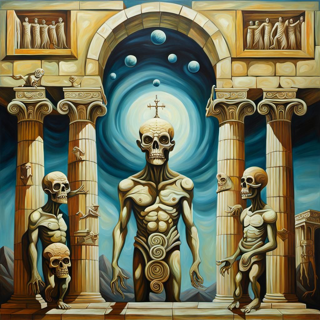 Surreal Ghoul Emerges from Greek Temple Oil Painting