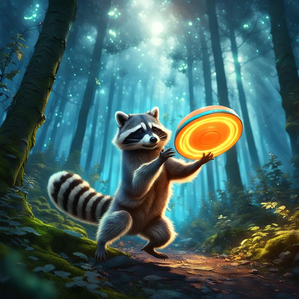 Raccoon playing frisbee