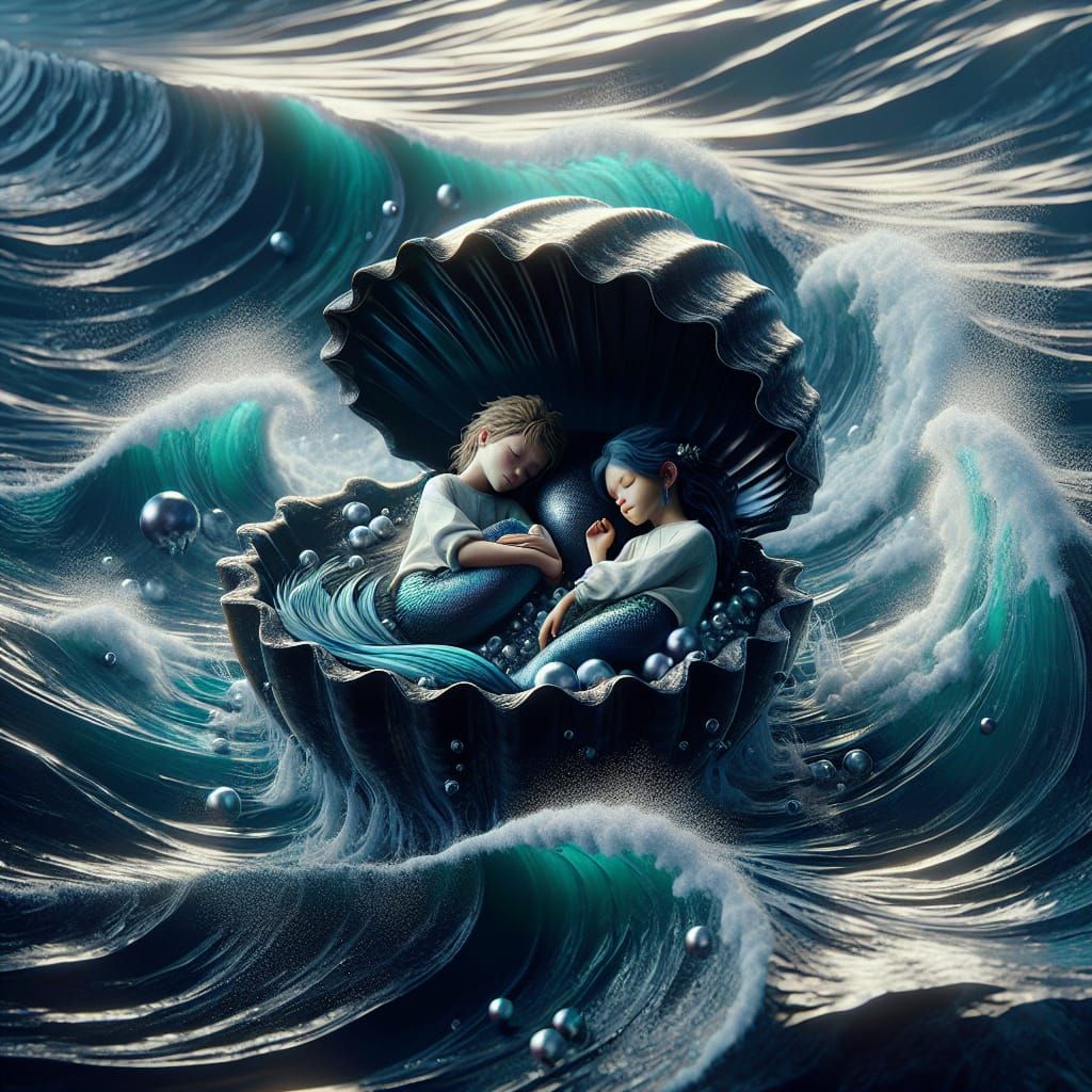Mermaid Children Sleeping in Pearl, Fantasy Concept Art