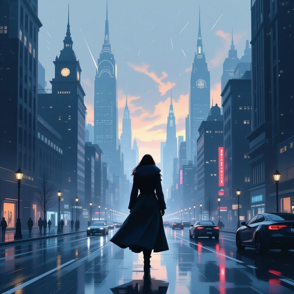 Surreal Cityscape with Woman in Flowing Coat