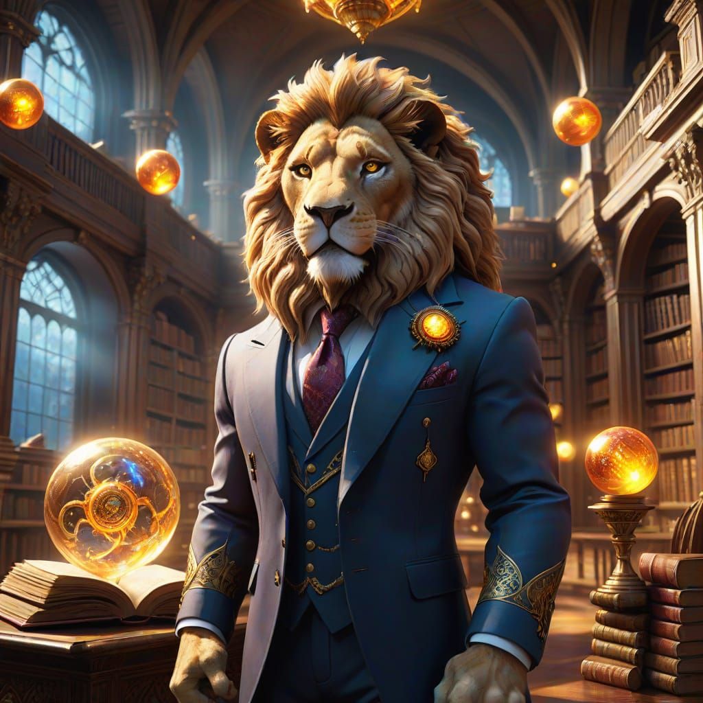 A majestic, anthropomorphic lion, wearing a finely tailored suit, stands proudly in a grand library filled with ancient ...