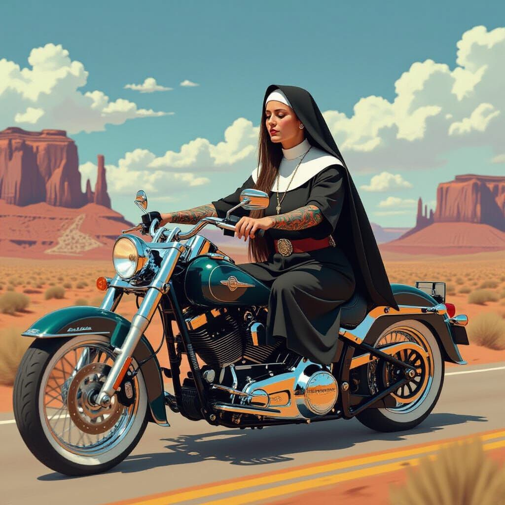 Nun on a Chopper in Monument Valley as Digital Art