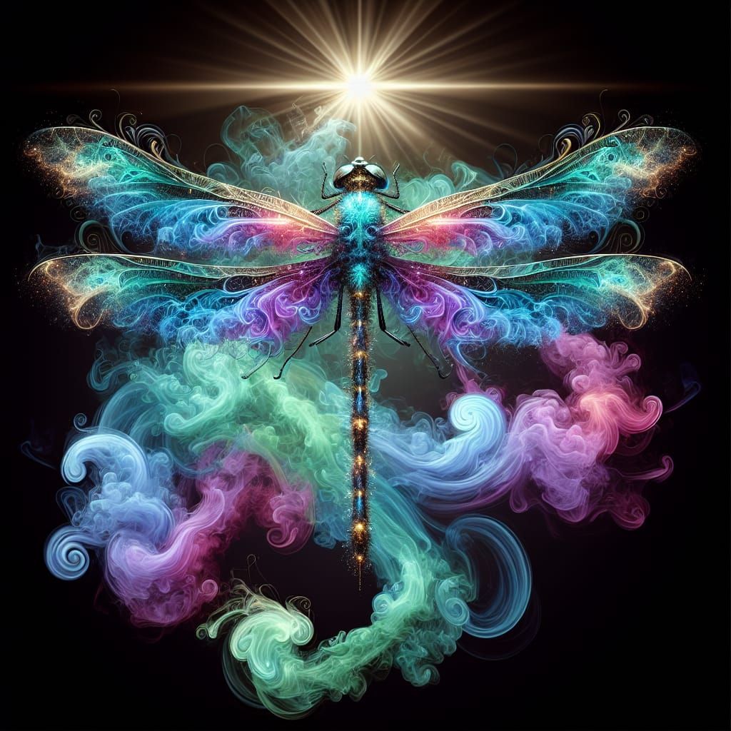 Colorful Smoke Dragonfly with Gold Accents