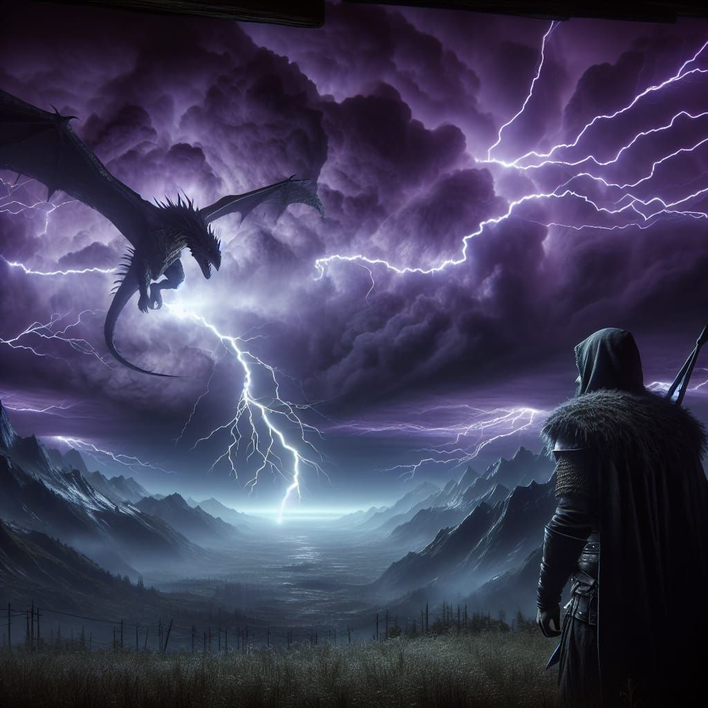 Warrior Gazes at Dragon in Electric Storm